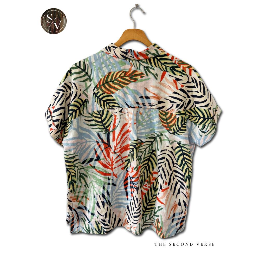 Tahari 100% Linen Tropical Print Button Down Short Sleeve Shirt Size Medium - Picture 2 of 10